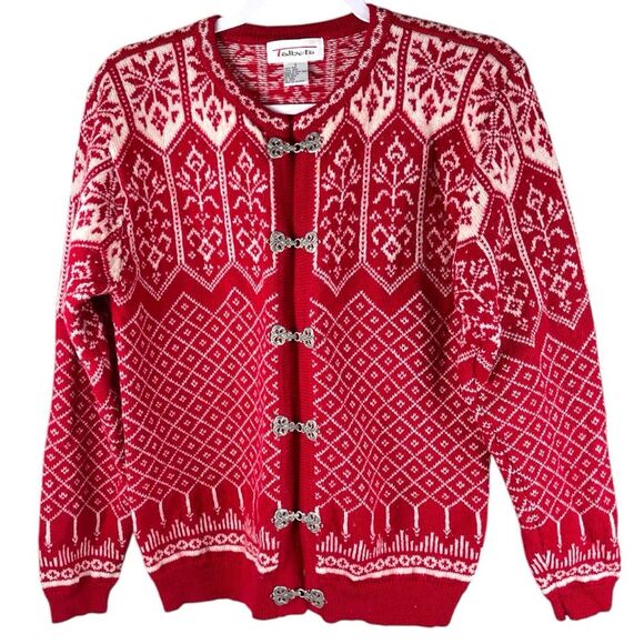 Talbot's Women’s small red 100% wool Nordic fair isle clasp Cardigan sweater - Picture 1 of 6
